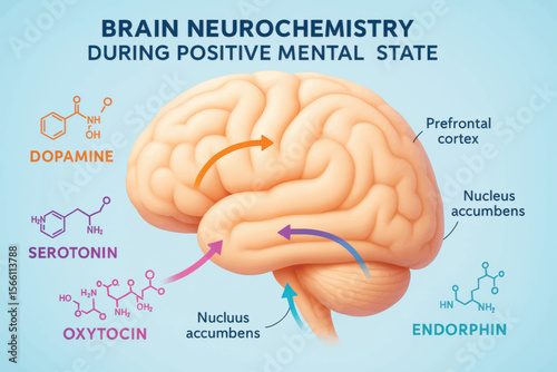 3D vector illustration of brain neurochemistry in positive mental state, showing regions and neurotransmitters like dopamine, serotonin, oxytocin, endorphin.