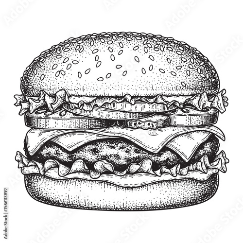Classic Cheeseburger Vector Engraving Illustration