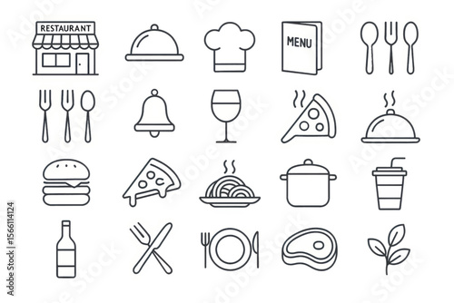 Minimalist vector icons of various food-related items including pizza, burgers, chef hats, cutlery, and menu symbols in clean outline style.