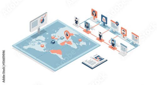 Global business strategy and networking isometric vector illustration for digital content and presentations