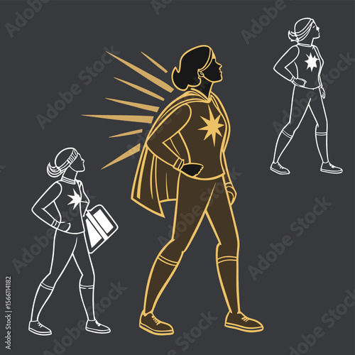 Illustration of a superhero woman with cape and star emblem in confident pose with two line art figures