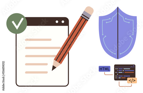Browser window with a pencil and check mark, coding snippets, and a shield representing writing, web development, and data protection. Ideal for education, programming, cybersecurity, online