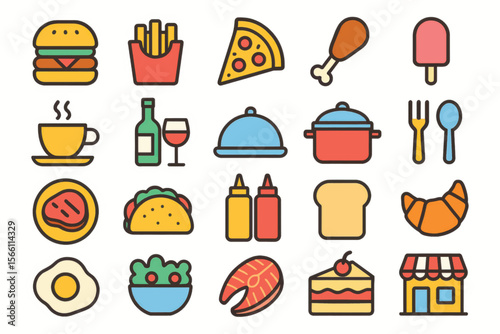 Colorful flat vector food icons featuring burgers, pizza, noodles, tacos, drinks, and utensils in modern minimalist style.