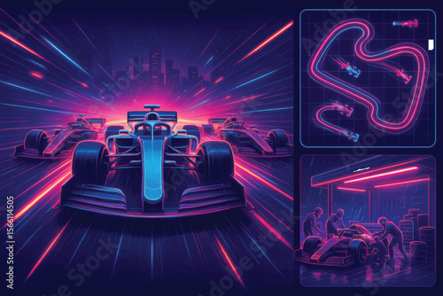 Vector composition showing race cars in motion, pit crew in action, and top-down circuit map, all in neon cyber style.