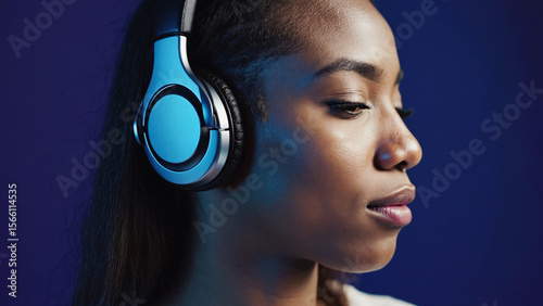 Harmonious Soundscape: A young woman, lost in the immersive experience, listens intently to music through sleek headphones, radiating an aura of tranquility and focus.
