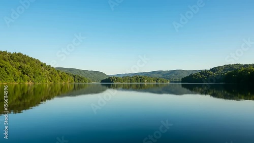 Serene lake reflecting surrounding hills under a clear sky.