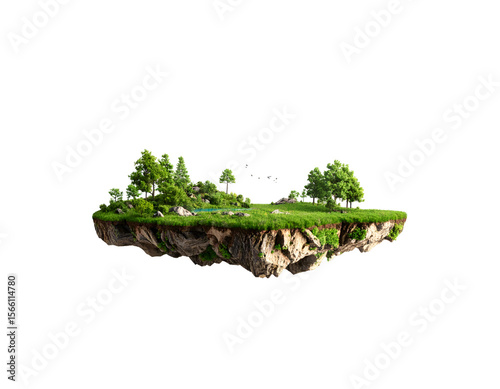 A vibrant miniature floating island with lush green grass and diverse trees creates a serene natural landscape.