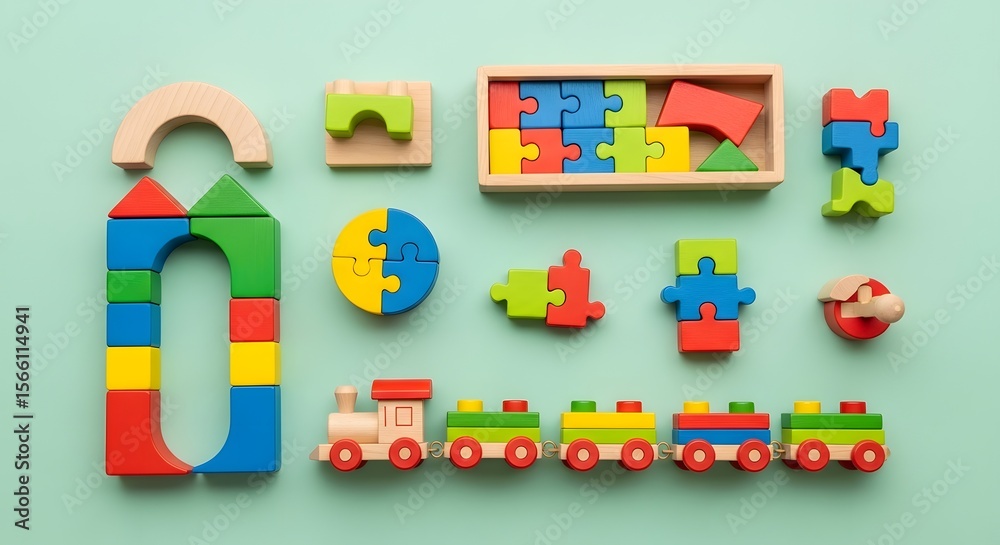 Naklejka premium Colorful wooden puzzle pieces and toy train set on light blue background educational kids game and learning concept