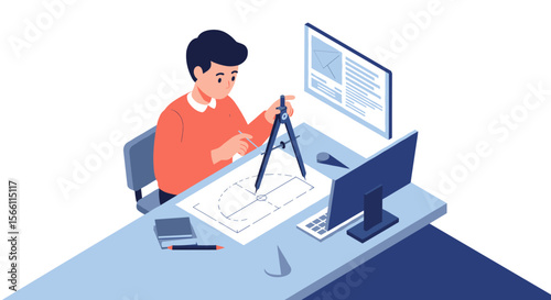 Isometric vector illustration of an architect designing in an office for educational and design purposes