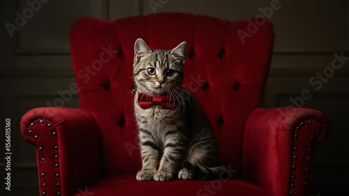 Kitten wearing a red bowtie on a red velvet armchair