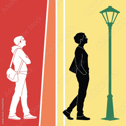 Illustration showing two people standing on opposite sides with a lamp post on the right side