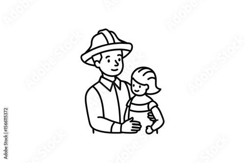 Firefighter Hugging a Child Outline Style Silhouette