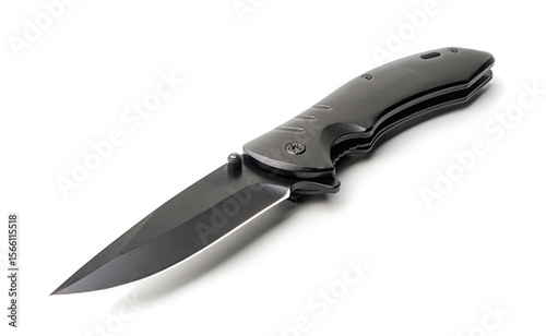 Sleek Black Tactical Folding Knife Isolated on White Background - Modern Self-Defense and Outdoor Tool