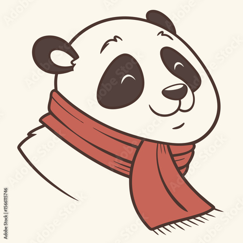 Cute cartoon panda wearing a red scarf with a happy expression on a light cream colored background art