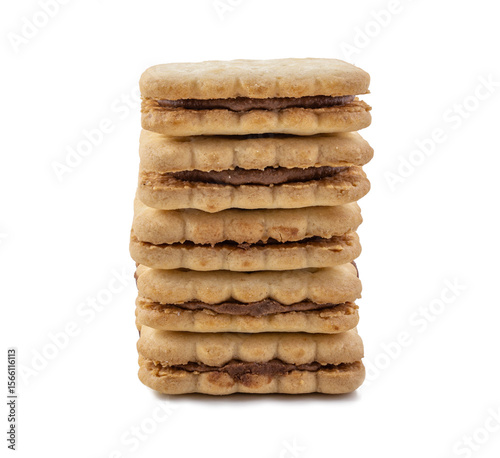 Stack of Cream-Filled Sandwich Cookies - Sweet Dessert Biscuits Isolated on White Background