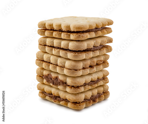 Stack of Cream-Filled Sandwich Cookies - Sweet Dessert Biscuits Isolated on White Background
