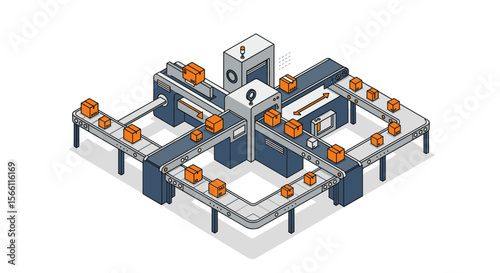Warehouse system vector illustration: conveyor innovation for logistics poster in isometric style
