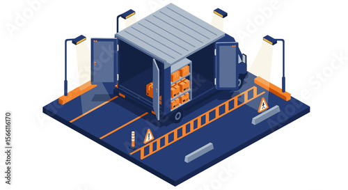 Isometric warehouse delivery vector illustration for poster design