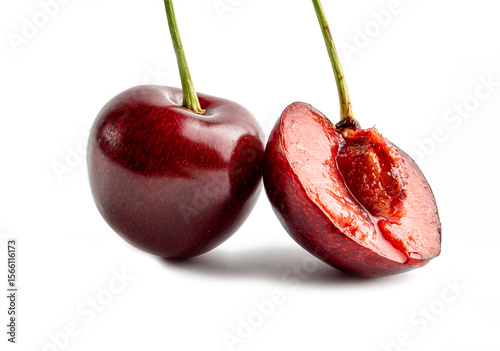 Ripe Red Cherry and Halved Cherry with Pit on White Background - Fresh Sweet Fruit for Healthy Snacking
