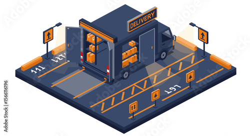 Delivery van in urban parking lot - isometric vector illustration for logistics design