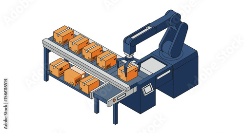 Automated factory machine with robotic arm in conveyor belt vector illustration for industrial design