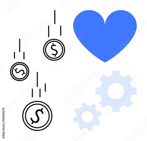 Falling coins alongside a blue heart and gears suggest a balance of financial flow, emotional care, and operational efficiency. Ideal for charity, crowdfunding, finance, teamwork, love, operations