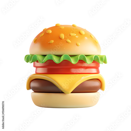 A 3d cartoon hamburger with cheese and tomato isolated on transparent background