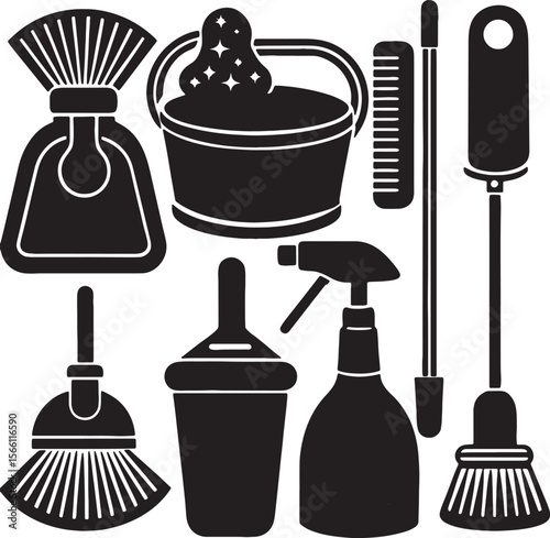 Collection of cleaning tools and supplies in silhouette icons vector on white background