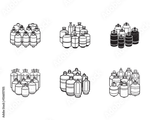 Simple Black and White Vector Illustration of Various Propane Gas Tanks