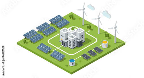 Eco-friendly energy generation vector illustration: renewable power concept in isometric style for sustainable design projects