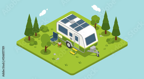 Isometric camper van vector illustration: summer camping adventure design for poster