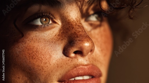 Close Up Portrait of a Young Woman with Freckles in Warm Sunlight
