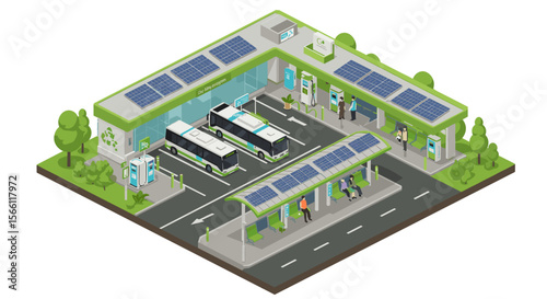 Eco-friendly public transport vector illustration: green station with solar panels for sustainable energy concept, design for print and poster, isomet