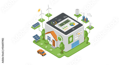 Smart home energy management vector illustration, sustainable technology, renewable energy, flat design for poster