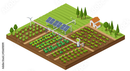 Sustainable solar farm vector illustration for agricultural design in isometric style