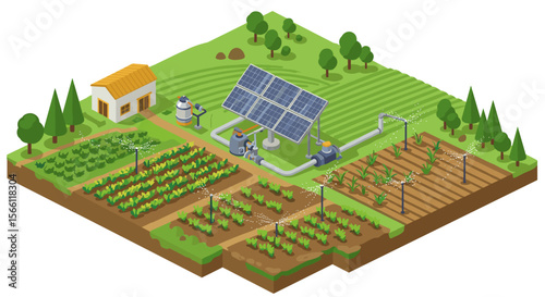 Sustainable agriculture isometric vector illustration: farm irrigation and solar technology design for educational poster