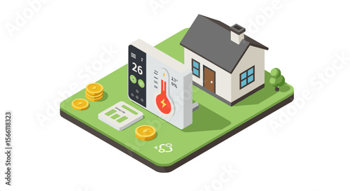 Smart home energy management vector illustration - isometric design for eco-friendly technology concepts