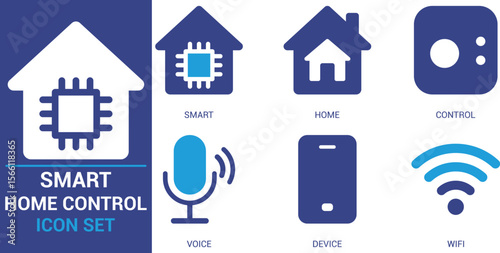 Flat smart home control icons featuring smart house, voice assistant, device, wireless signal, and automation. Best for mobile apps, tech UI, and home system UI kits.


