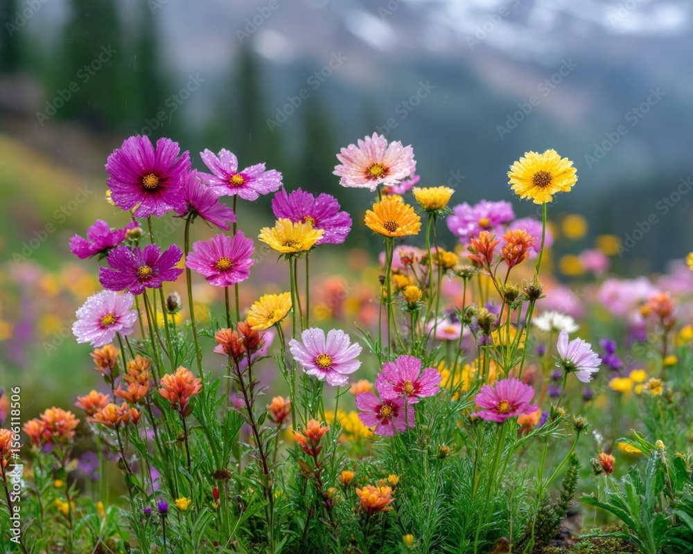 Vibrant Wildflowers in a Mountain Meadow After Rain Vibrant Wildflowers in a Mountain Meadow After Rain