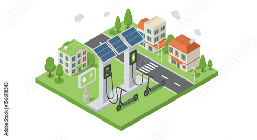 Solar electric charging station vector illustration - isometric design for sustainable urban environment display