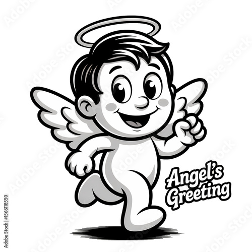 Cheerful cartoon character with angel wings and halo spreading joy in a playful design
