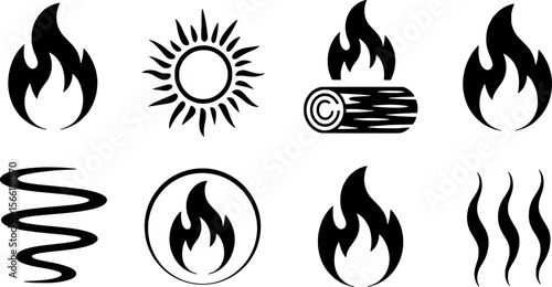 Fire sun log wavy lines steam and flame icons vector