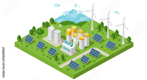 Renewable energy sources vector illustration: eco-friendly isometric design for green technology and sustainability concepts