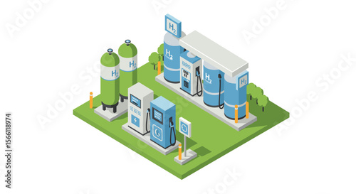 Isometric hydrogen fueling station vector illustration for clean energy design