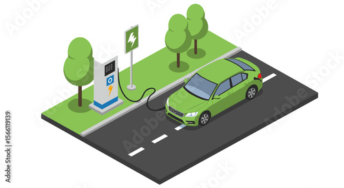 Eco-friendly energy: isometric vector illustration of electric car charging station for sustainable transport design