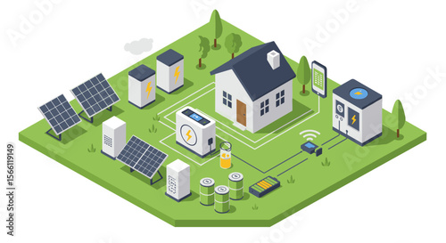 Sustainable energy solutions vector illustration: isometric design for eco-friendly homes and renewable technology