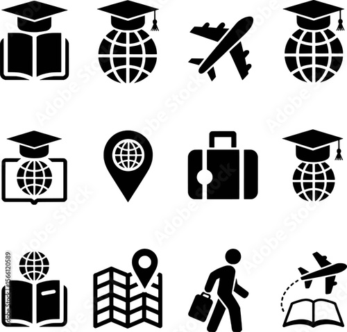 Graduation globe airplane suitcase map person graduation cap