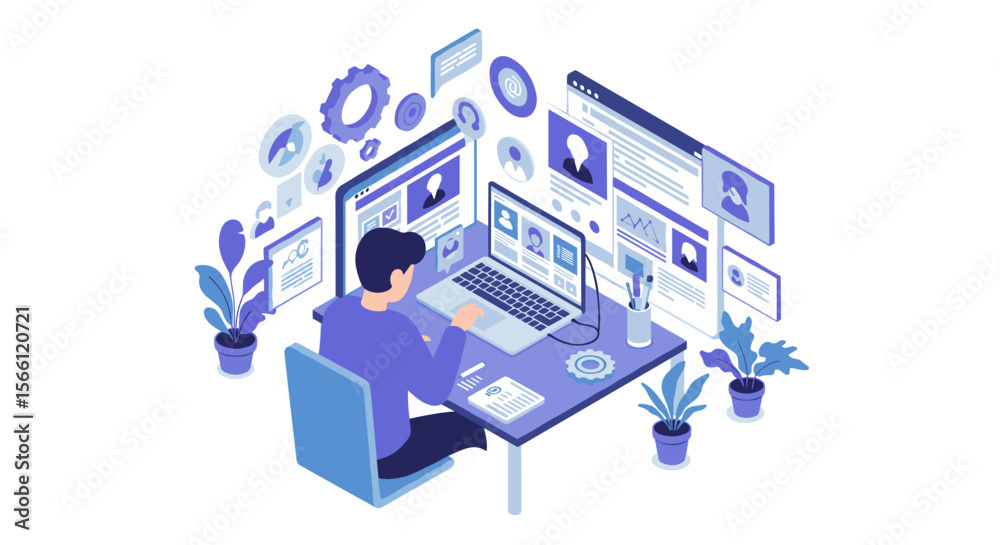 Fototapeta premium Isometric remote work concept vector illustration for digital communication and productivity