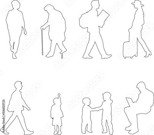 Clean line art silhouettes of people in various seated and walking positions viewed from above, ideal for floor plans, wayfinding systems, and modern infographics.
