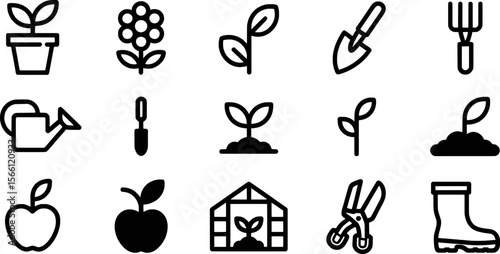 Garden icons plant growth tools and produce gardening